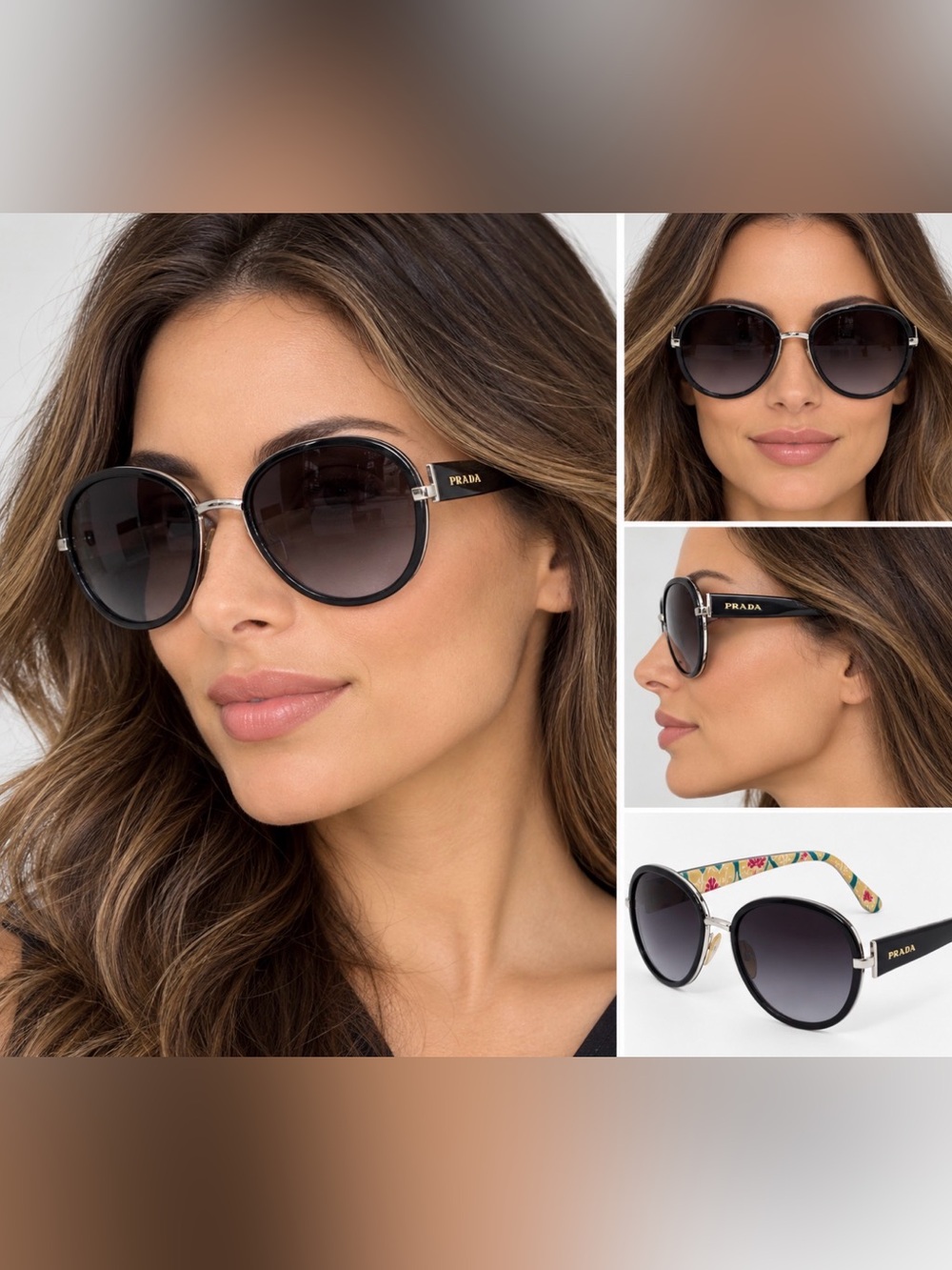 PRADA Logo SPR 51N Sunglasses Black Silver Floral Arms Gray Gradient 57mm Italy